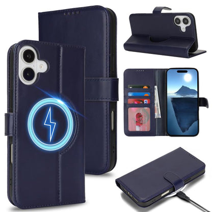 For iPhone 16 Genuine Leather Card Wallet MagSafe Phone Case(Dark Blue) - iPhone 16 Cases by buy2fix | Online Shopping UK | buy2fix