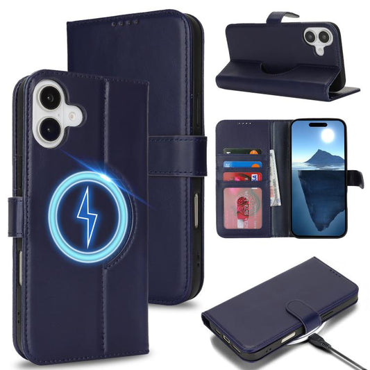 For iPhone 16 Genuine Leather Card Wallet MagSafe Phone Case(Dark Blue) - iPhone 16 Cases by buy2fix | Online Shopping UK | buy2fix