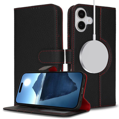 For iPhone 16 Genuine Leather Card Wallet MagSafe Phone Case(Litchi Black) - iPhone 16 Cases by buy2fix | Online Shopping UK | buy2fix