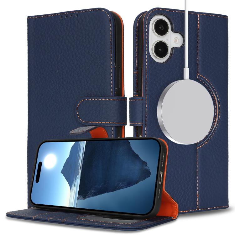 For iPhone 16 Genuine Leather Card Wallet MagSafe Phone Case(Litchi Dark Blue) - iPhone 16 Cases by buy2fix | Online Shopping UK | buy2fix