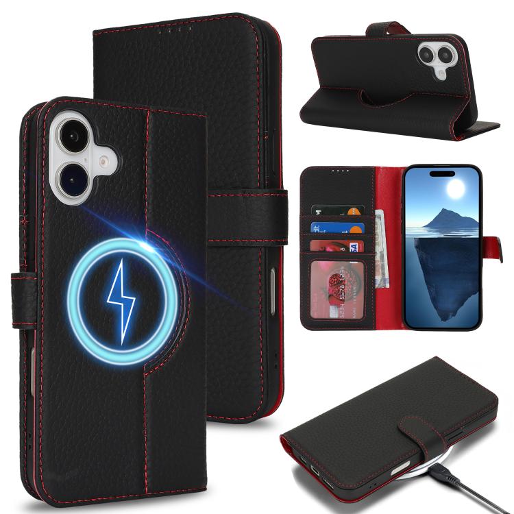 For iPhone 16 Pro Genuine Leather Card Wallet MagSafe Phone Case(Litchi Black) - iPhone 16 Pro Cases by buy2fix | Online Shopping UK | buy2fix