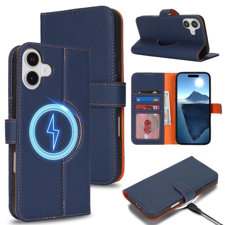 For iPhone 16 Plus Genuine Leather Card Wallet MagSafe Phone Case(Litchi Dark Blue) - iPhone 16 Plus Cases by buy2fix | Online Shopping UK | buy2fix
