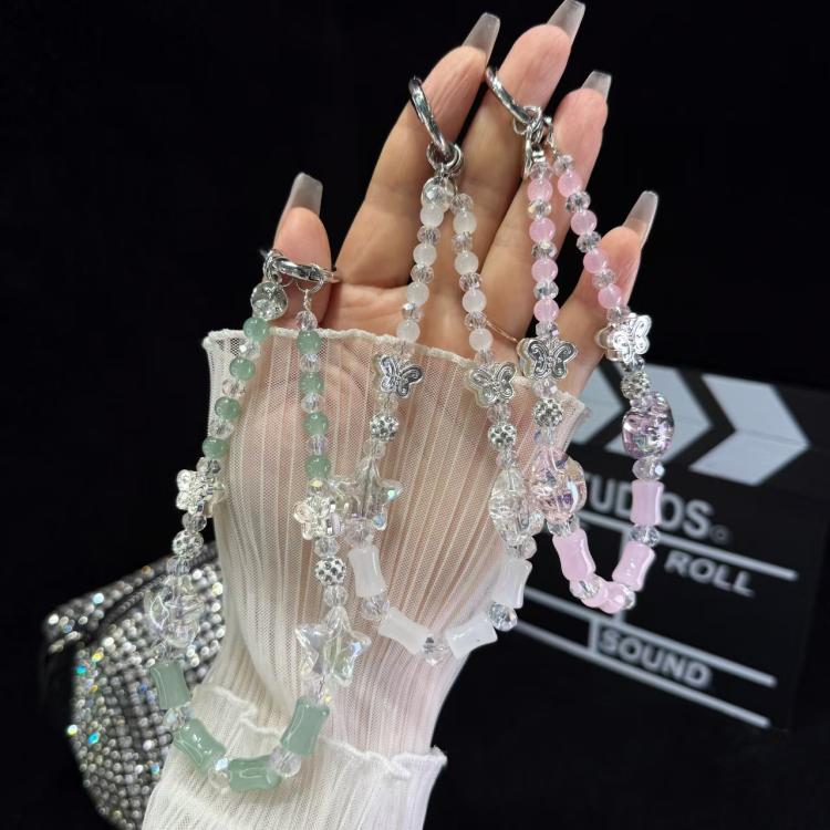 Bamboo Silver Butterfly Phone Chain(Pink) - Lanyards & Wrist Straps by buy2fix | Online Shopping UK | buy2fix