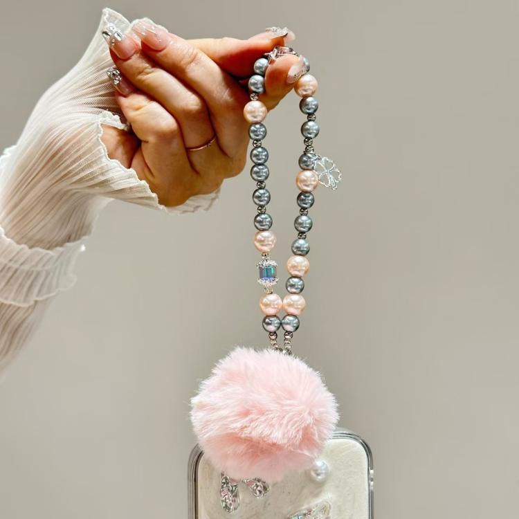Clover Glass Pearl Big Hairball Mobile Phone Chain(White) - Lanyards & Wrist Straps by buy2fix | Online Shopping UK | buy2fix