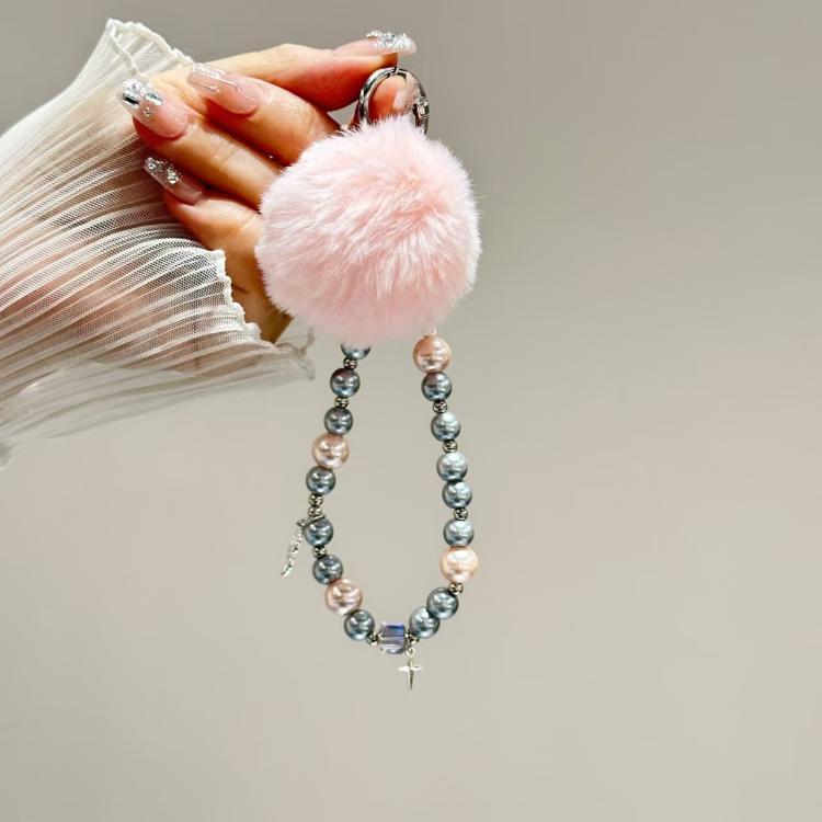 Clover Glass Pearl Big Hairball Mobile Phone Chain(Pink) - Lanyards & Wrist Straps by buy2fix | Online Shopping UK | buy2fix
