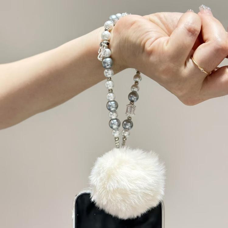 Clover Glass Pearl Big Hairball Mobile Phone Chain(White) - Lanyards & Wrist Straps by buy2fix | Online Shopping UK | buy2fix