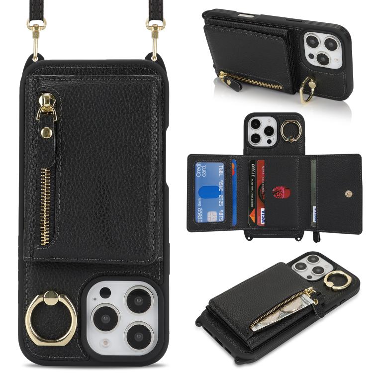 For iPhone 7 / 8 / SE 2022 Crossbody Zipper Wallet Ring Holder Litchi Leather Phone Case(Black) - More iPhone Cases by buy2fix | Online Shopping UK | buy2fix