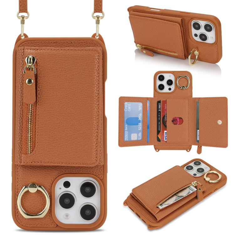 For iPhone 7 Plus / 8 Plus Crossbody Zipper Wallet Ring Holder Litchi Leather Phone Case(Brown) - More iPhone Cases by buy2fix | Online Shopping UK | buy2fix