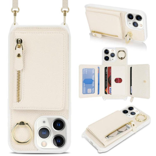 For iPhone 11 Pro Crossbody Zipper Wallet Ring Holder Litchi Leather Phone Case(Apricot) - iPhone 11 Pro Cases by buy2fix | Online Shopping UK | buy2fix