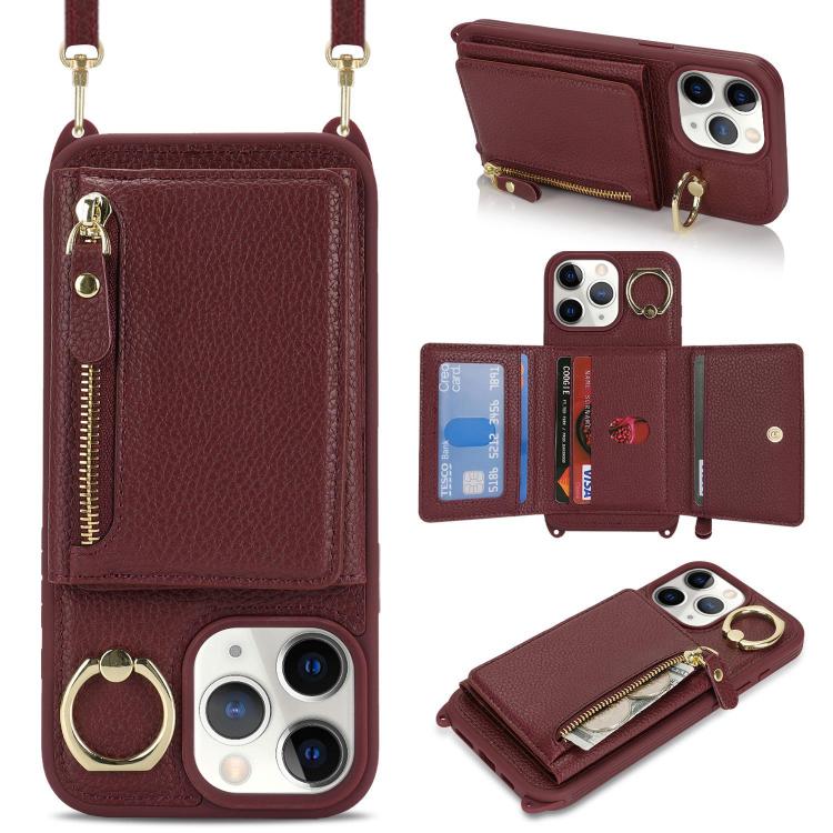 For iPhone 11 Pro Crossbody Zipper Wallet Ring Holder Litchi Leather Phone Case(Red wine) - iPhone 11 Pro Cases by buy2fix | Online Shopping UK | buy2fix