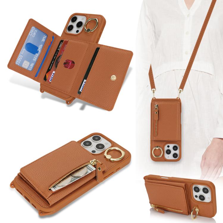 For iPhone 11 Pro Crossbody Zipper Wallet Ring Holder Litchi Leather Phone Case(Brown) - iPhone 11 Pro Cases by buy2fix | Online Shopping UK | buy2fix