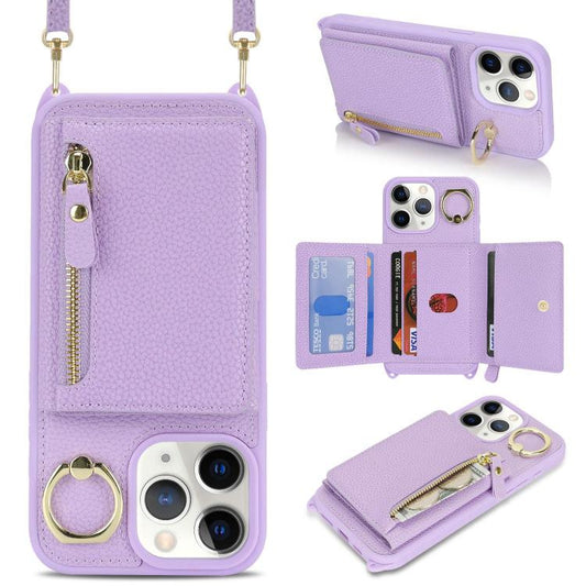 For iPhone 11 Pro Max Crossbody Zipper Wallet Ring Holder Litchi Leather Phone Case(Purple) - iPhone 11 Pro Max Cases by buy2fix | Online Shopping UK | buy2fix