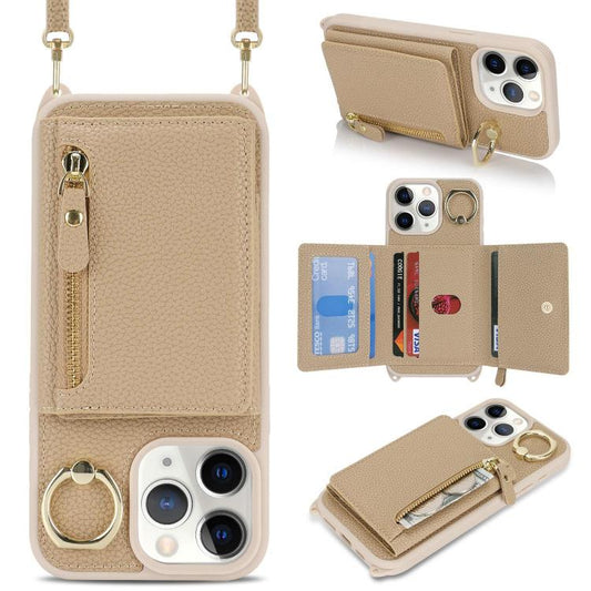 For iPhone 11 Pro Max Crossbody Zipper Wallet Ring Holder Litchi Leather Phone Case(Rose Gold) - iPhone 11 Pro Max Cases by buy2fix | Online Shopping UK | buy2fix