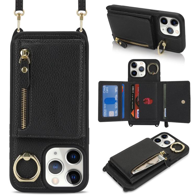 For iPhone 11 Pro Max Crossbody Zipper Wallet Ring Holder Litchi Leather Phone Case(Black) - iPhone 11 Pro Max Cases by buy2fix | Online Shopping UK | buy2fix