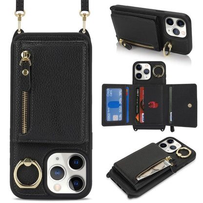 For iPhone 11 Pro Max Crossbody Zipper Wallet Ring Holder Litchi Leather Phone Case(Black) - iPhone 11 Pro Max Cases by buy2fix | Online Shopping UK | buy2fix