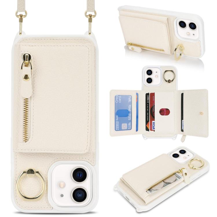For iPhone 12 mini Crossbody Zipper Wallet Ring Holder Litchi Leather Phone Case(Apricot) - iPhone 12 mini Cases by buy2fix | Online Shopping UK | buy2fix