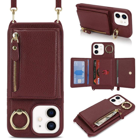 For iPhone 12 mini Crossbody Zipper Wallet Ring Holder Litchi Leather Phone Case(Red wine) - iPhone 12 mini Cases by buy2fix | Online Shopping UK | buy2fix
