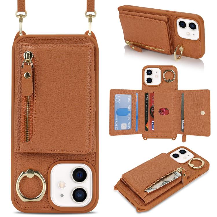 For iPhone 12 mini Crossbody Zipper Wallet Ring Holder Litchi Leather Phone Case(Brown) - iPhone 12 mini Cases by buy2fix | Online Shopping UK | buy2fix