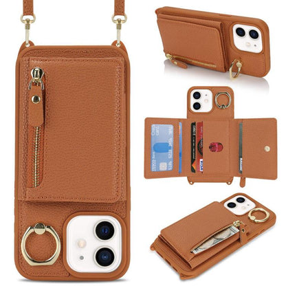 For iPhone 12 mini Crossbody Zipper Wallet Ring Holder Litchi Leather Phone Case(Brown) - iPhone 12 mini Cases by buy2fix | Online Shopping UK | buy2fix