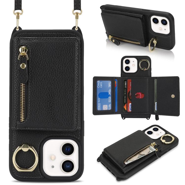 For iPhone 12 mini Crossbody Zipper Wallet Ring Holder Litchi Leather Phone Case(Black) - iPhone 12 mini Cases by buy2fix | Online Shopping UK | buy2fix