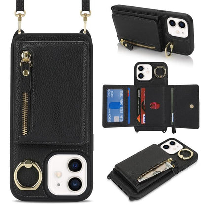 For iPhone 12 mini Crossbody Zipper Wallet Ring Holder Litchi Leather Phone Case(Black) - iPhone 12 mini Cases by buy2fix | Online Shopping UK | buy2fix