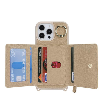 For iPhone 12 / 12 Pro Crossbody Zipper Wallet Ring Holder Litchi Leather Phone Case(Rose Gold) - iPhone 12 / 12 Pro Cases by buy2fix | Online Shopping UK | buy2fix