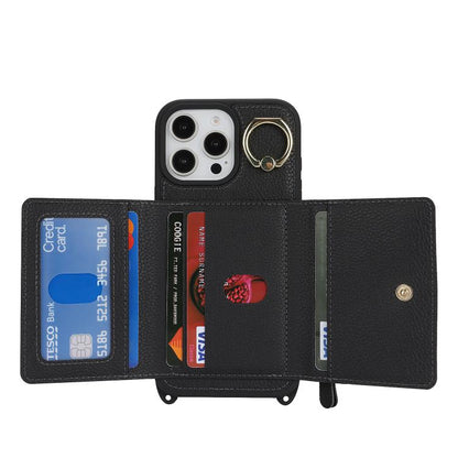 For iPhone 12 / 12 Pro Crossbody Zipper Wallet Ring Holder Litchi Leather Phone Case(Black) - iPhone 12 / 12 Pro Cases by buy2fix | Online Shopping UK | buy2fix