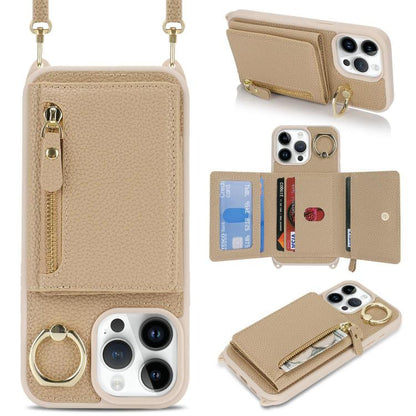 For iPhone 13 Pro Max / 12 Pro Max Crossbody Zipper Wallet Ring Holder Litchi Leather Phone Case(Rose Gold) - iPhone 13 Pro Max Cases by buy2fix | Online Shopping UK | buy2fix