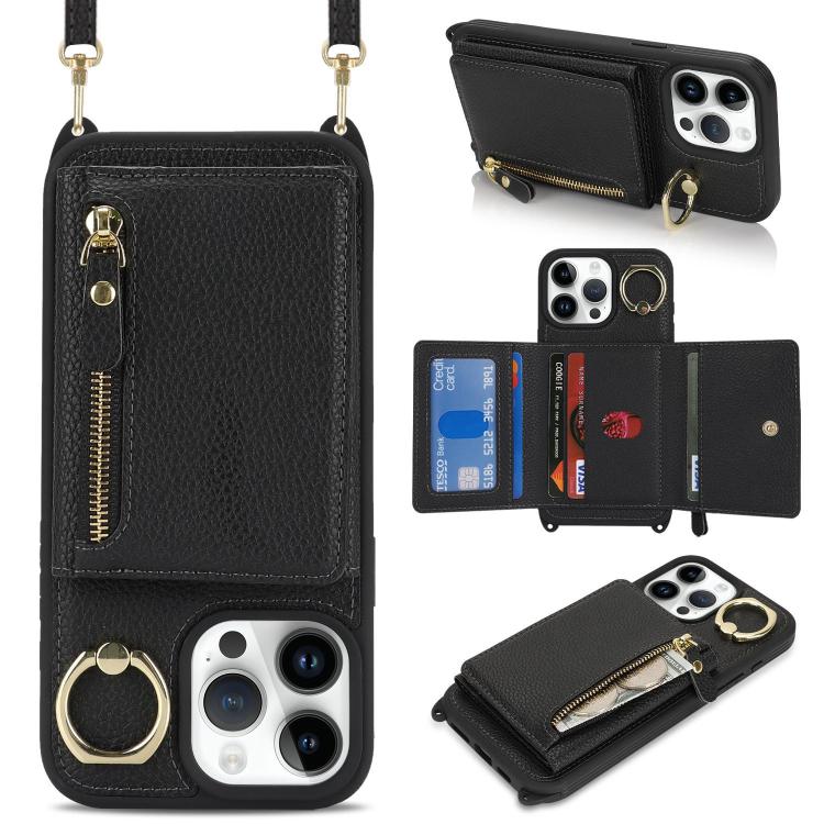 For iPhone 13 Pro Max / 12 Pro Max Crossbody Zipper Wallet Ring Holder Litchi Leather Phone Case(Black) - iPhone 13 Pro Max Cases by buy2fix | Online Shopping UK | buy2fix