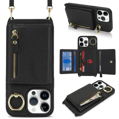 For iPhone 13 Pro Max / 12 Pro Max Crossbody Zipper Wallet Ring Holder Litchi Leather Phone Case(Black) - iPhone 13 Pro Max Cases by buy2fix | Online Shopping UK | buy2fix