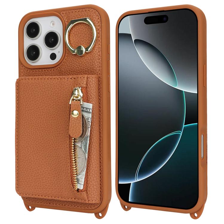 For iPhone 14 / 13 Crossbody Zipper Wallet Ring Holder Litchi Leather Phone Case(Brown) - iPhone 14 Cases by buy2fix | Online Shopping UK | buy2fix