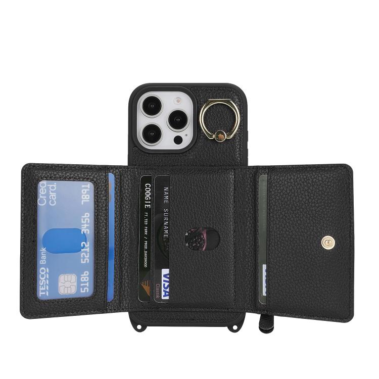For iPhone 14 / 13 Crossbody Zipper Wallet Ring Holder Litchi Leather Phone Case(Black) - iPhone 14 Cases by buy2fix | Online Shopping UK | buy2fix