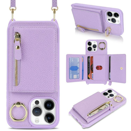 For iPhone 14 Pro Crossbody Zipper Wallet Ring Holder Litchi Leather Phone Case(Purple)