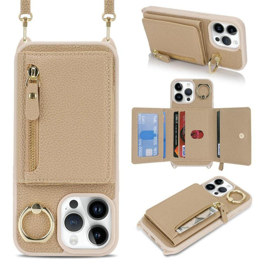 For iPhone 14 Pro Crossbody Zipper Wallet Ring Holder Litchi Leather Phone Case(Rose Gold) - iPhone 14 Pro Cases by buy2fix | Online Shopping UK | buy2fix