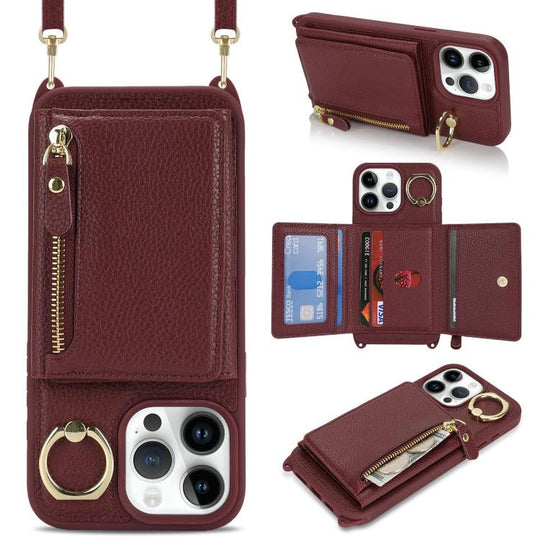 For iPhone 14 Pro Crossbody Zipper Wallet Ring Holder Litchi Leather Phone Case(Red wine)