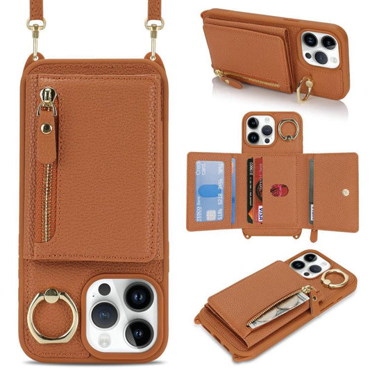 For iPhone 14 Pro Crossbody Zipper Wallet Ring Holder Litchi Leather Phone Case(Brown) - iPhone 14 Pro Cases by buy2fix | Online Shopping UK | buy2fix