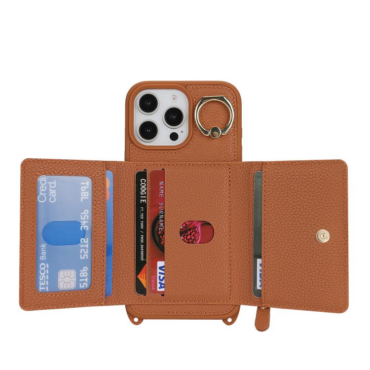For iPhone 14 Pro Crossbody Zipper Wallet Ring Holder Litchi Leather Phone Case(Brown) - iPhone 14 Pro Cases by buy2fix | Online Shopping UK | buy2fix