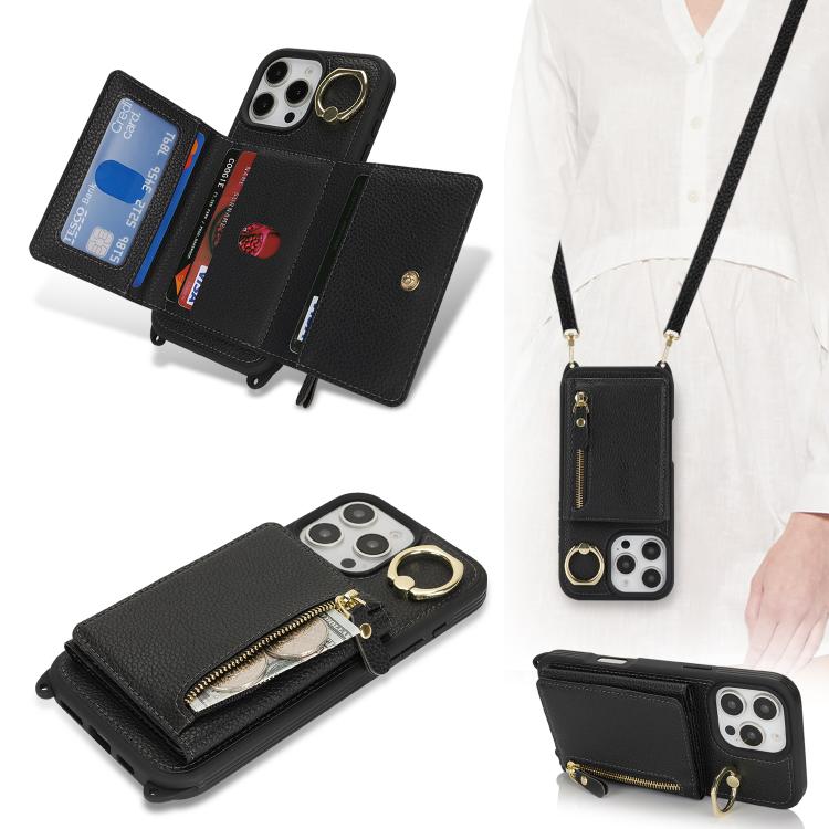 For iPhone 14 Pro Crossbody Zipper Wallet Ring Holder Litchi Leather Phone Case(Black) - iPhone 14 Pro Cases by buy2fix | Online Shopping UK | buy2fix