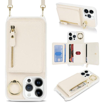 For iPhone 14 Pro Max Crossbody Zipper Wallet Ring Holder Litchi Leather Phone Case(Apricot) - iPhone 14 Pro Max Cases by buy2fix | Online Shopping UK | buy2fix