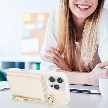 For iPhone 14 Pro Max Crossbody Zipper Wallet Ring Holder Litchi Leather Phone Case(Apricot) - iPhone 14 Pro Max Cases by buy2fix | Online Shopping UK | buy2fix