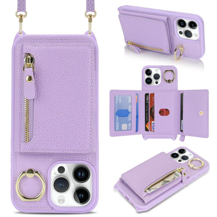 For iPhone 14 Pro Max Crossbody Zipper Wallet Ring Holder Litchi Leather Phone Case(Purple) - iPhone 14 Pro Max Cases by buy2fix | Online Shopping UK | buy2fix