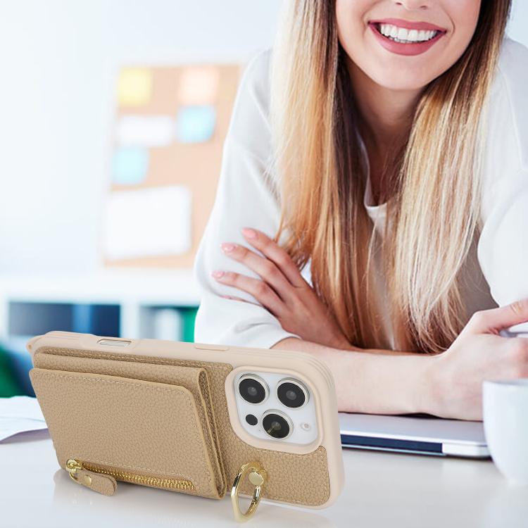 For iPhone 14 Pro Max Crossbody Zipper Wallet Ring Holder Litchi Leather Phone Case(Rose Gold) - iPhone 14 Pro Max Cases by buy2fix | Online Shopping UK | buy2fix