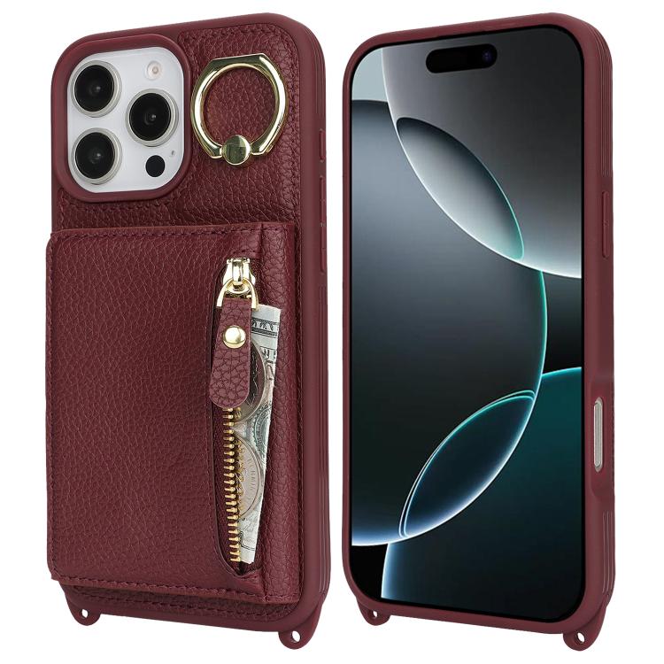 For iPhone 14 Pro Max Crossbody Zipper Wallet Ring Holder Litchi Leather Phone Case(Red wine) - iPhone 14 Pro Max Cases by buy2fix | Online Shopping UK | buy2fix