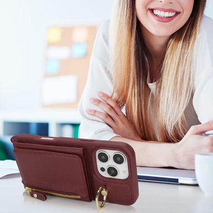 For iPhone 14 Pro Max Crossbody Zipper Wallet Ring Holder Litchi Leather Phone Case(Red wine) - iPhone 14 Pro Max Cases by buy2fix | Online Shopping UK | buy2fix