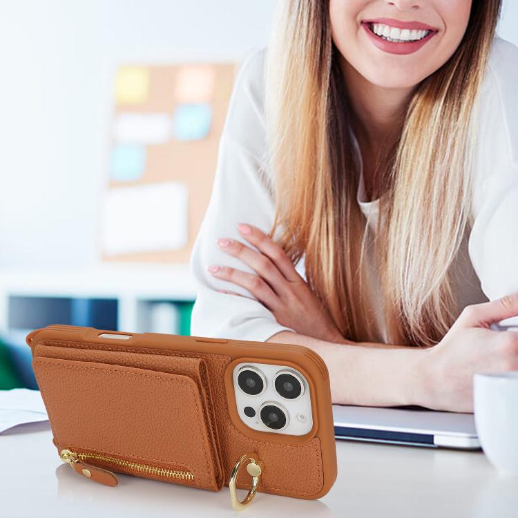 For iPhone 14 Pro Max Crossbody Zipper Wallet Ring Holder Litchi Leather Phone Case(Brown) - iPhone 14 Pro Max Cases by buy2fix | Online Shopping UK | buy2fix