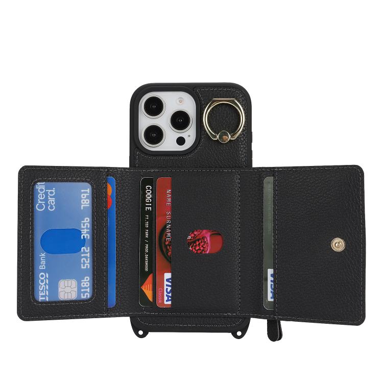 For iPhone 14 Pro Max Crossbody Zipper Wallet Ring Holder Litchi Leather Phone Case(Black) - iPhone 14 Pro Max Cases by buy2fix | Online Shopping UK | buy2fix