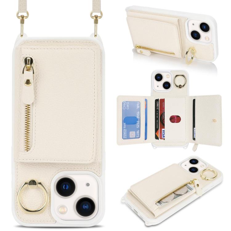 For iPhone 15 Plus / 14 Plus Crossbody Zipper Wallet Ring Holder Litchi Leather Phone Case(Apricot) - iPhone 15 Plus Cases by buy2fix | Online Shopping UK | buy2fix