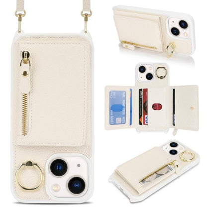 For iPhone 15 Plus / 14 Plus Crossbody Zipper Wallet Ring Holder Litchi Leather Phone Case(Apricot) - iPhone 15 Plus Cases by buy2fix | Online Shopping UK | buy2fix