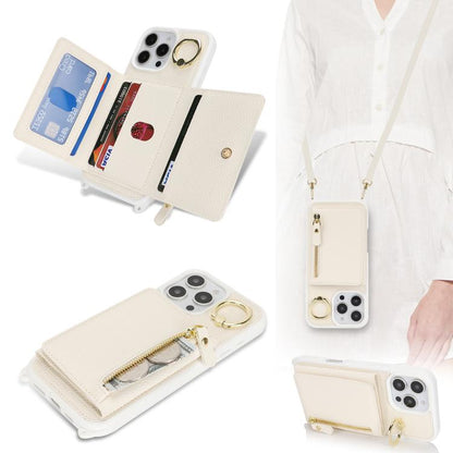 For iPhone 15 Plus / 14 Plus Crossbody Zipper Wallet Ring Holder Litchi Leather Phone Case(Apricot) - iPhone 15 Plus Cases by buy2fix | Online Shopping UK | buy2fix