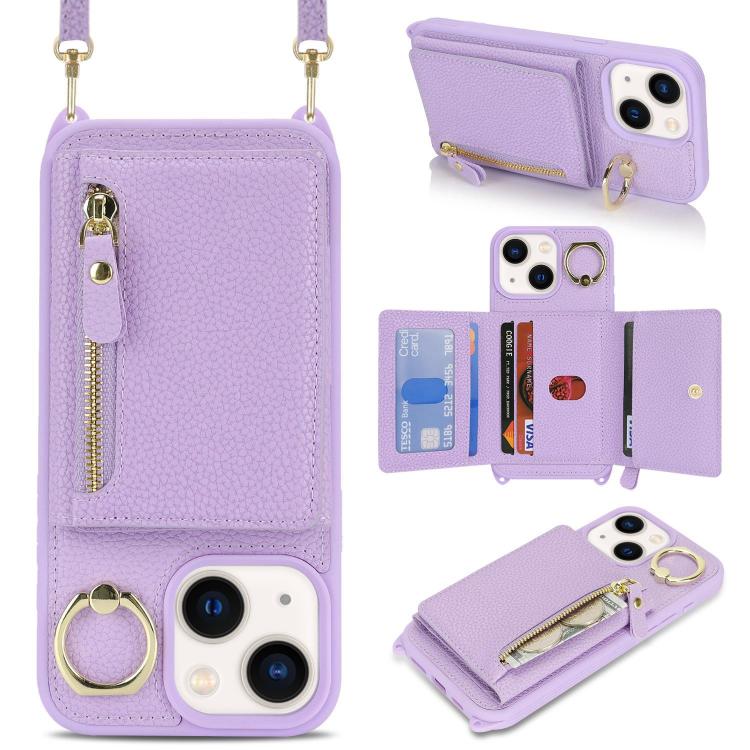 For iPhone 15 Plus / 14 Plus Crossbody Zipper Wallet Ring Holder Litchi Leather Phone Case(Purple) - iPhone 15 Plus Cases by buy2fix | Online Shopping UK | buy2fix